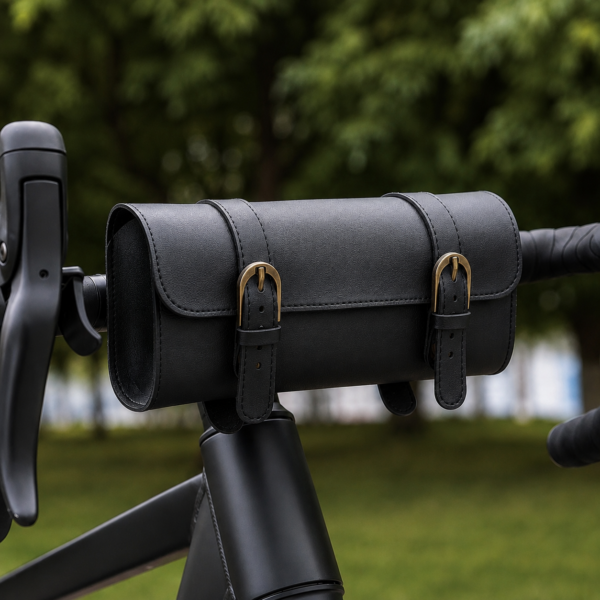 Retro Roll‑Shape Bicycle Front Pouch, PU Leather Scooter Storage Bag
