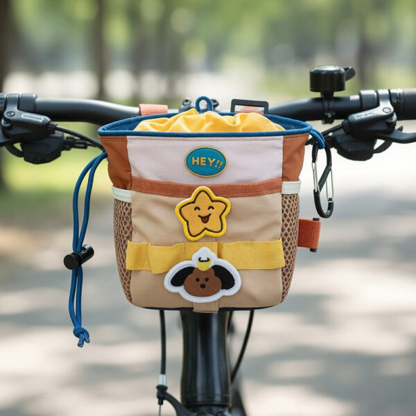 Drawstring Bicycle Front Hanging Pouch, Beige Cycling Accessory Bag